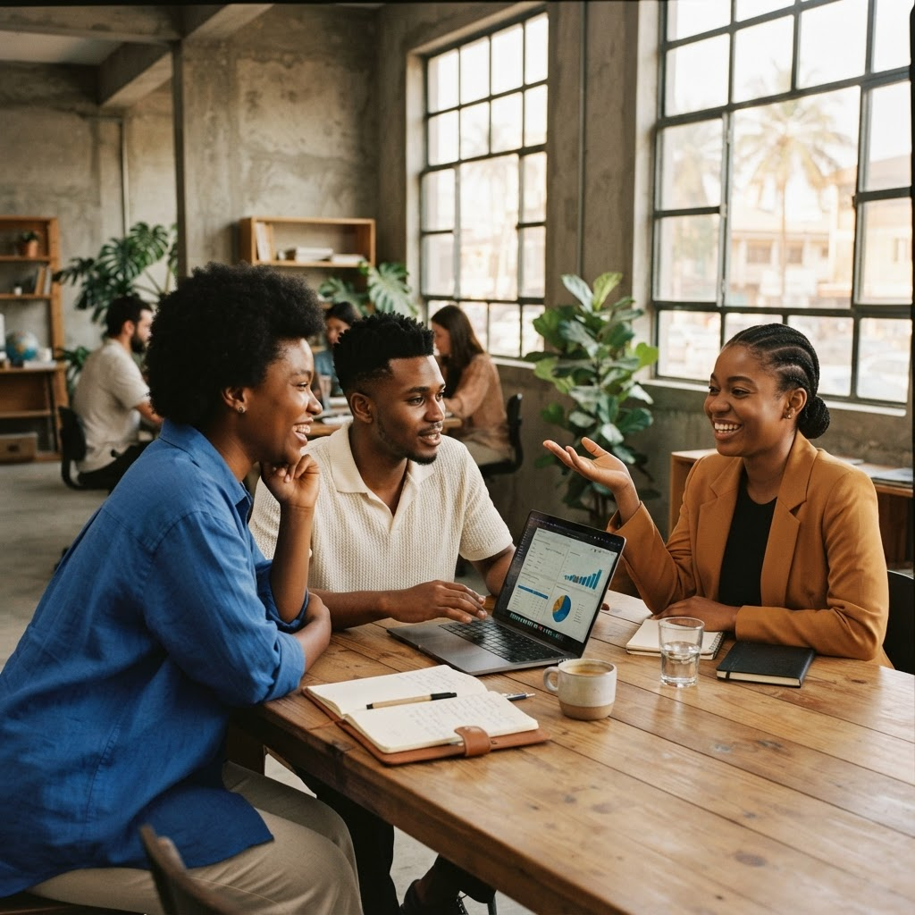 Nigerian professionals sharing ideas around a studio table